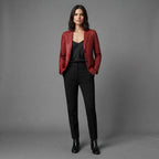 Women's Deep Red Leather Blazer with Two-Button Front