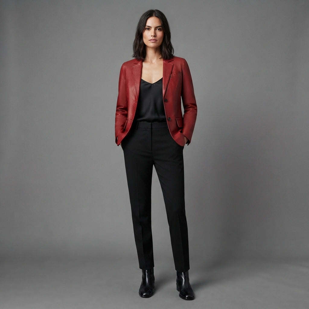 Women's Deep Red Leather Blazer with Two-Button Front