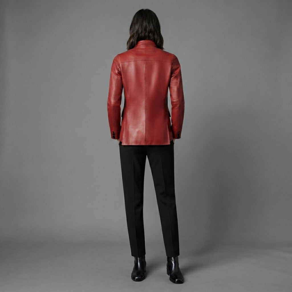 Women's Deep Red Leather Blazer with Two-Button Front