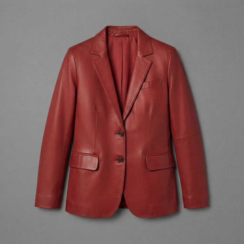 Women's Deep Red Leather Blazer with Two-Button Front