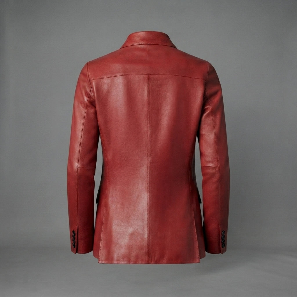 Women's Deep Red Leather Blazer with Two-Button Front