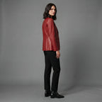 Women's Deep Red Leather Blazer with Two-Button Front