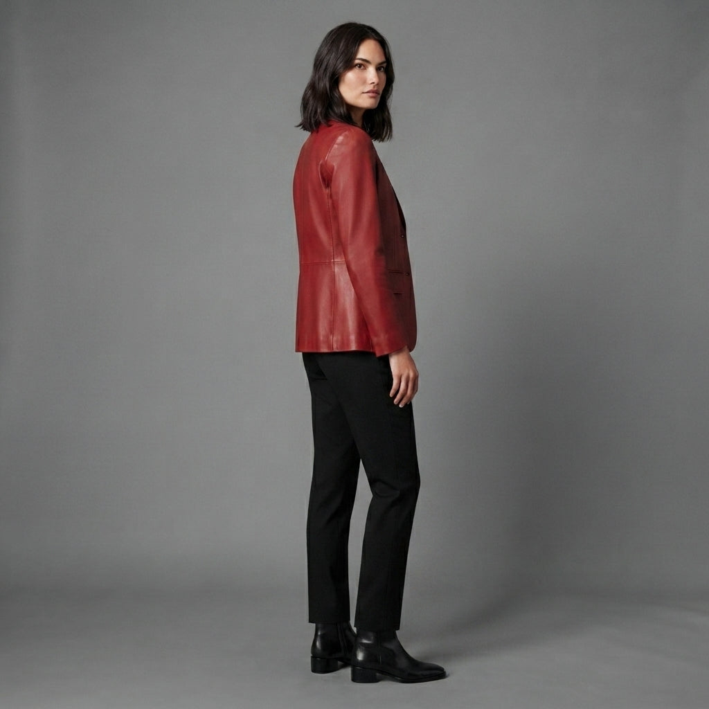 Women's Deep Red Leather Blazer with Two-Button Front