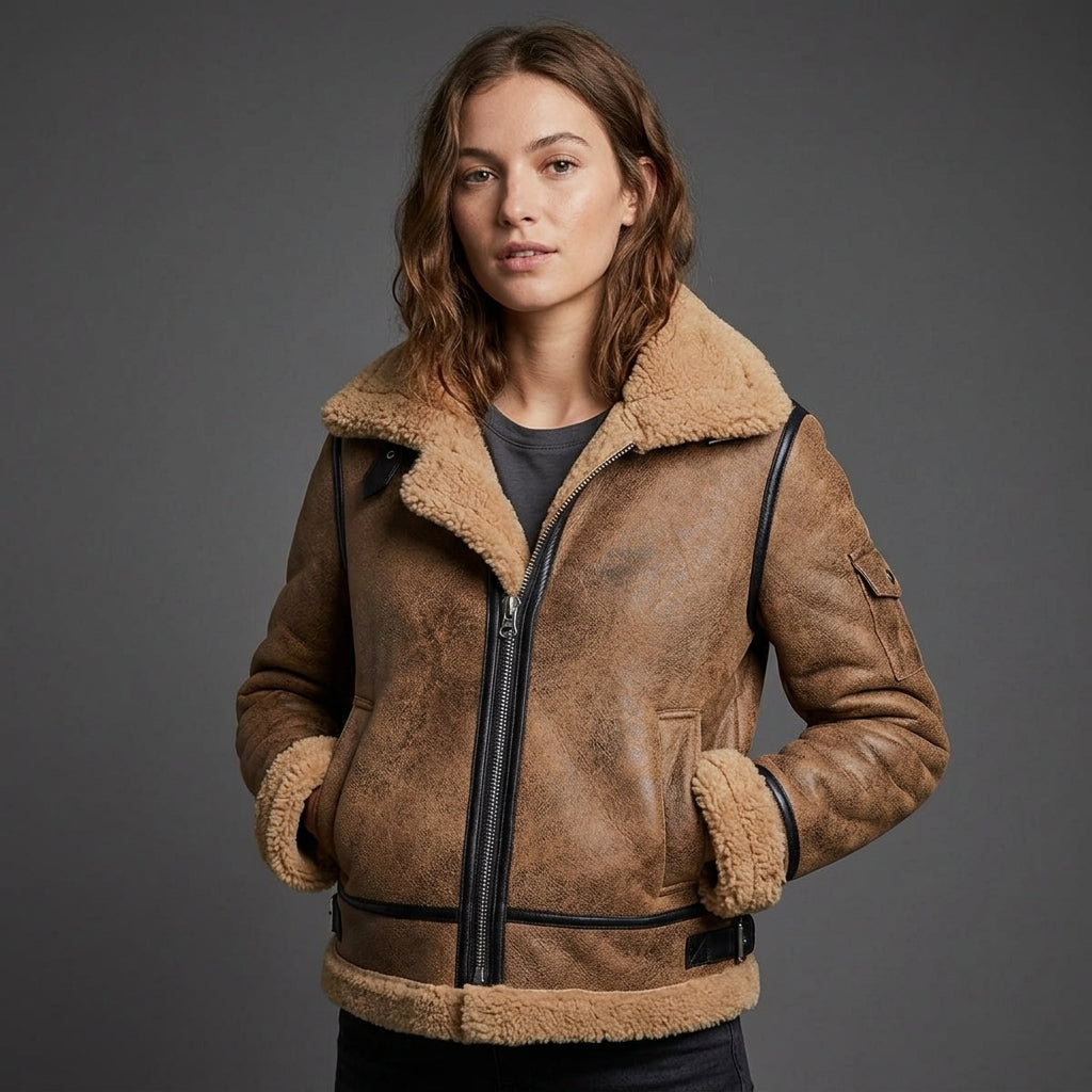Women's Brown Distressed Shearling Aviator Jacket