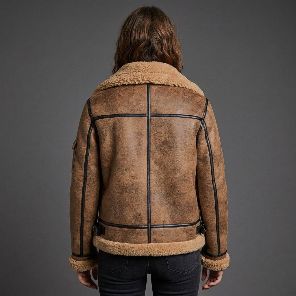 Women's Brown Distressed Shearling Aviator Jacket