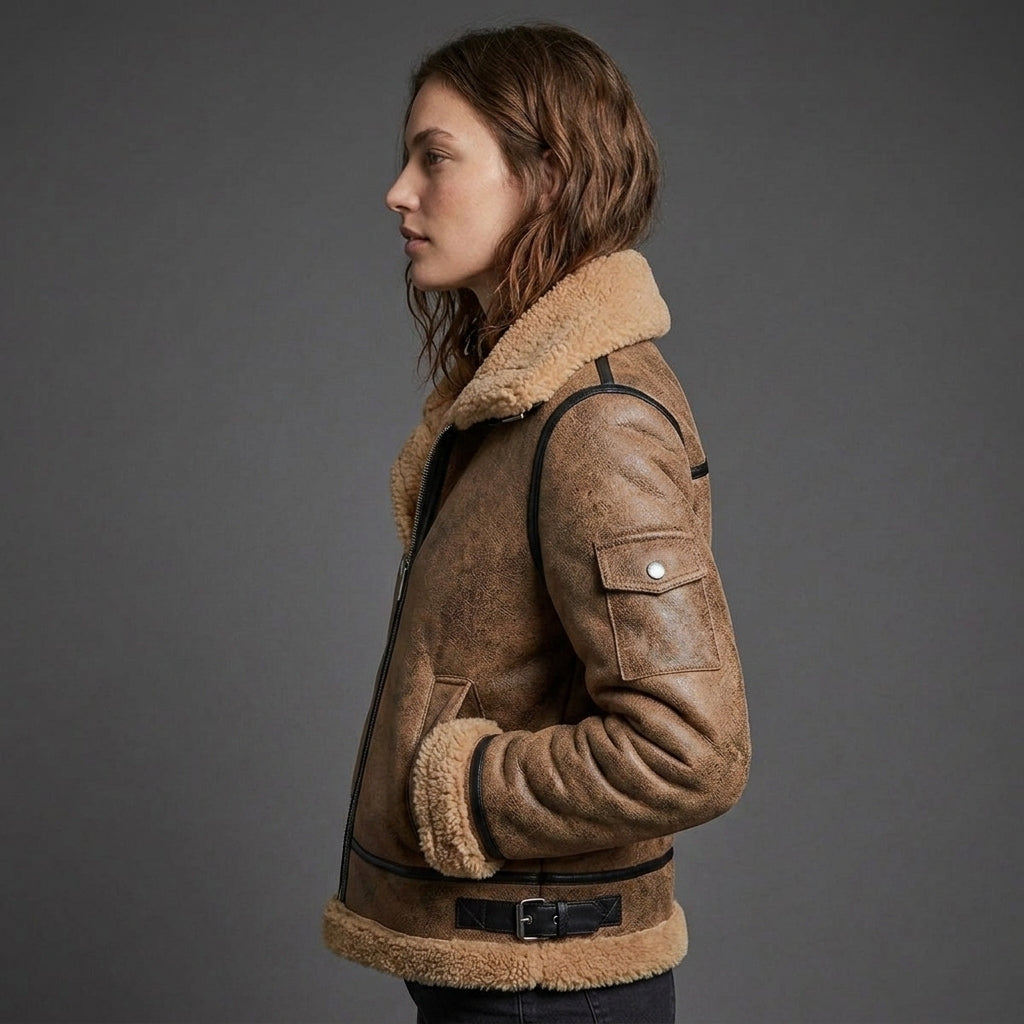 Women's Brown Distressed Shearling Aviator Jacket