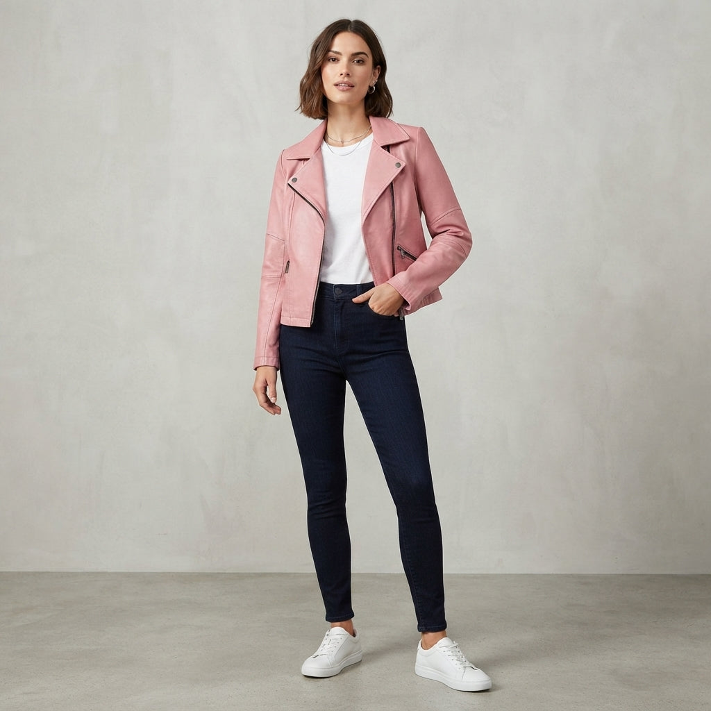 Women's Dusty Pink Classic Leather Biker Jacket