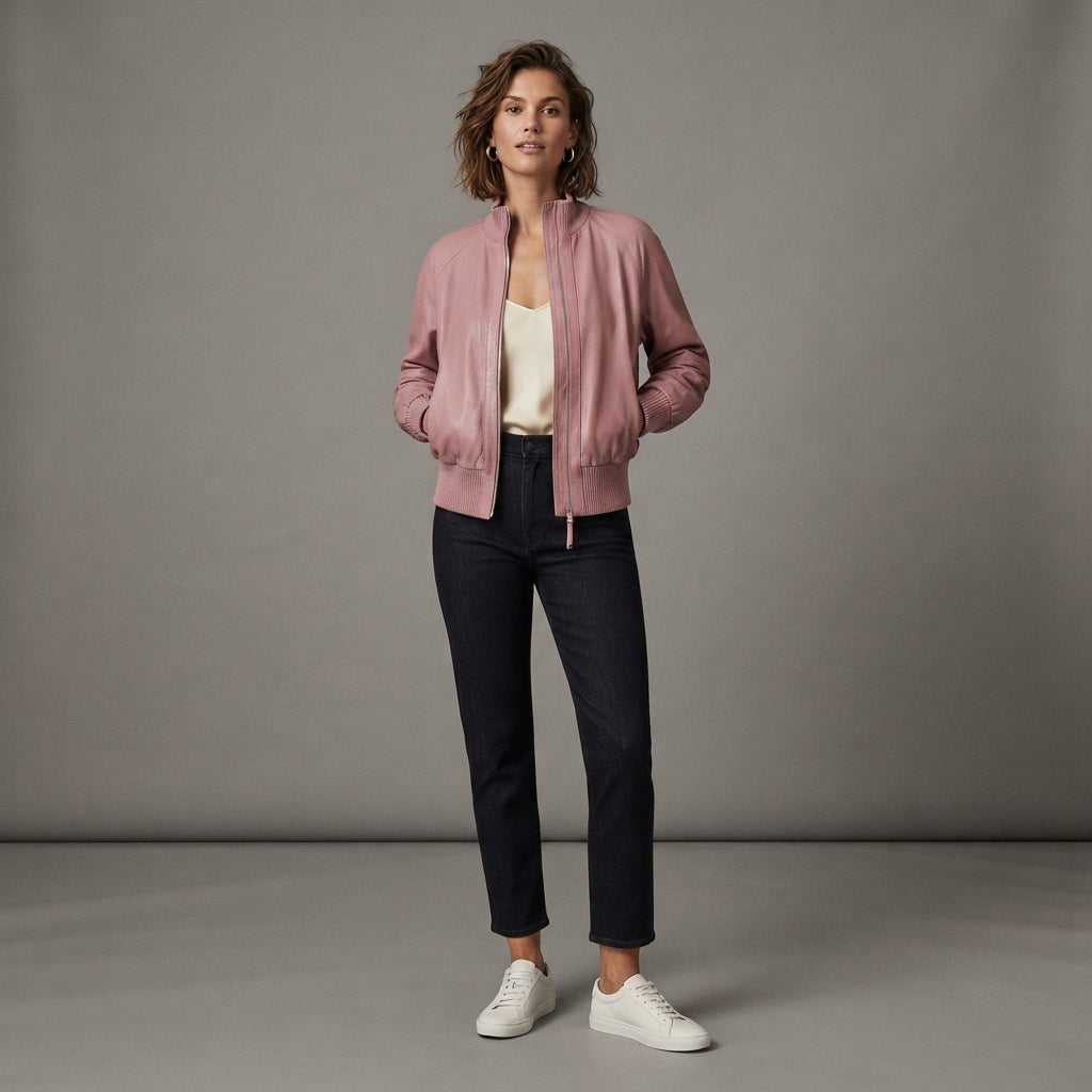 Women's Dusty Pink Ribbed Leather Bomber Jacket