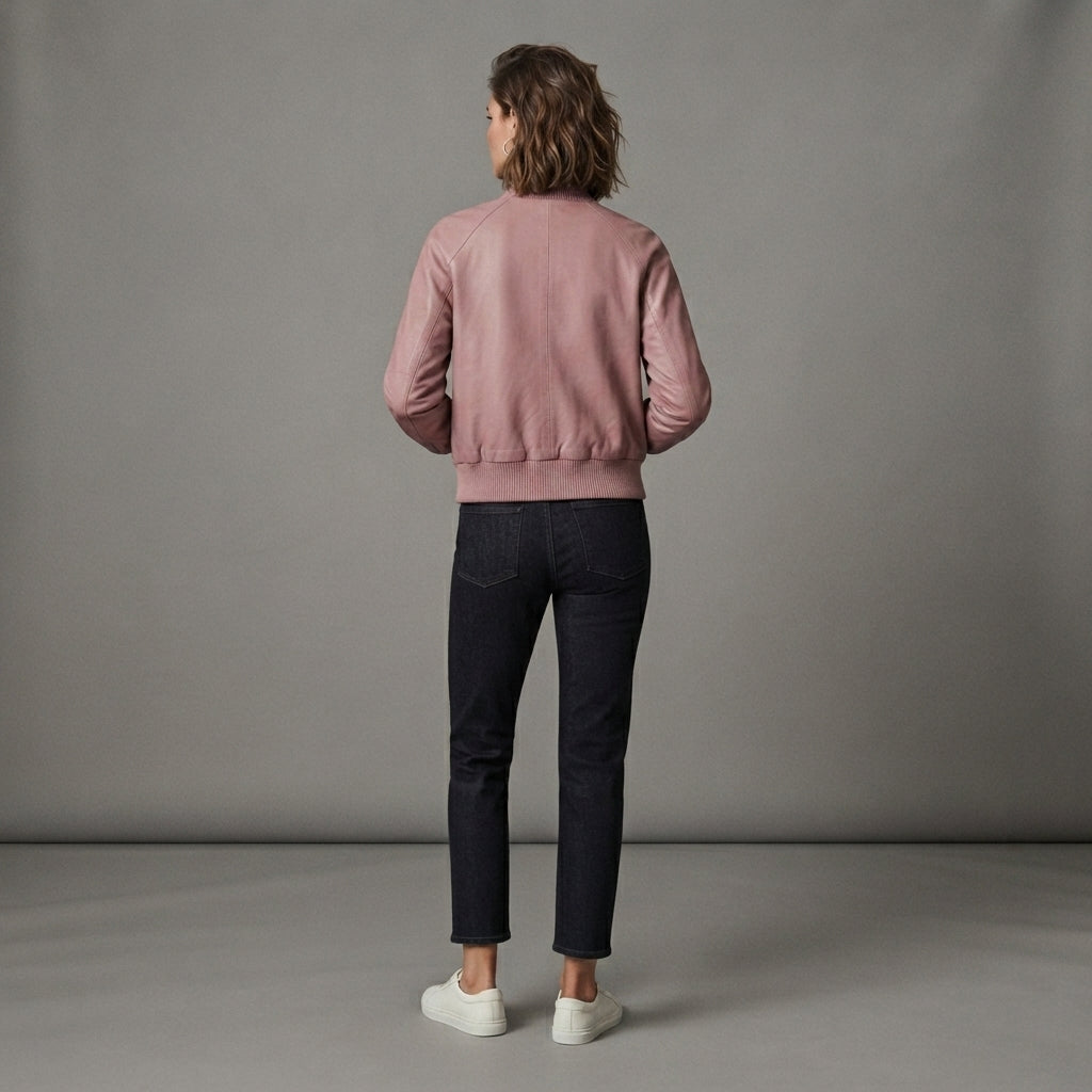 Women's Dusty Pink Ribbed Leather Bomber Jacket