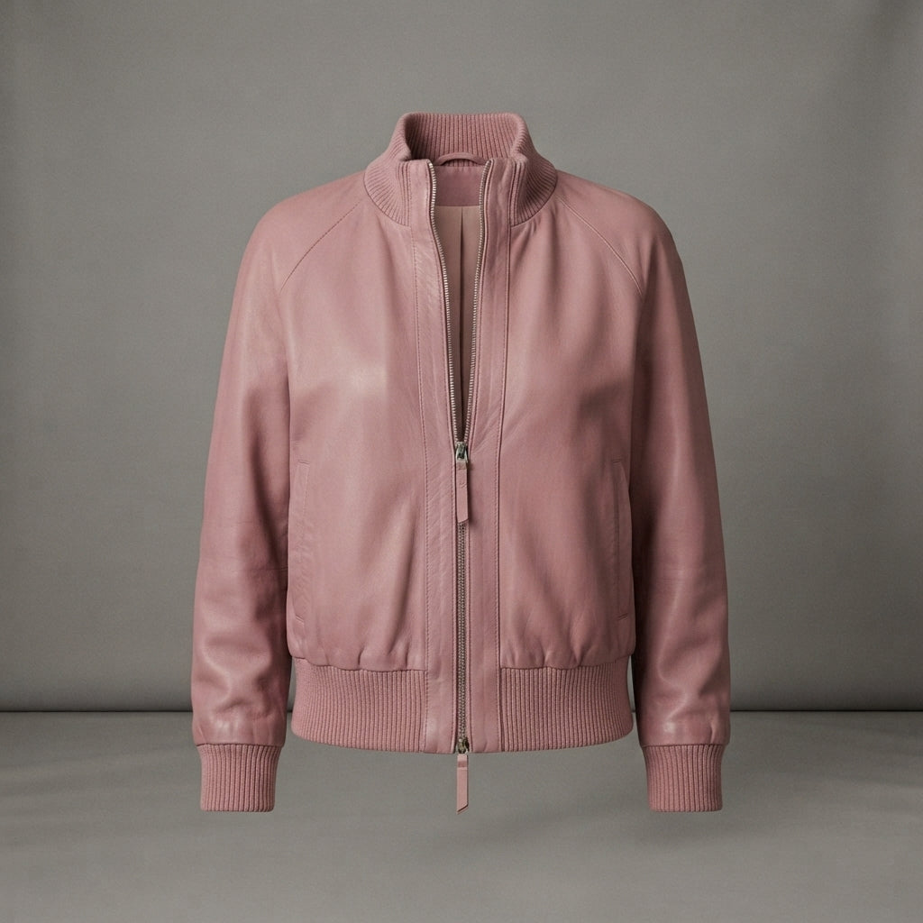 Women's Dusty Pink Ribbed Leather Bomber Jacket