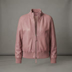 Women's Dusty Pink Ribbed Leather Bomber Jacket