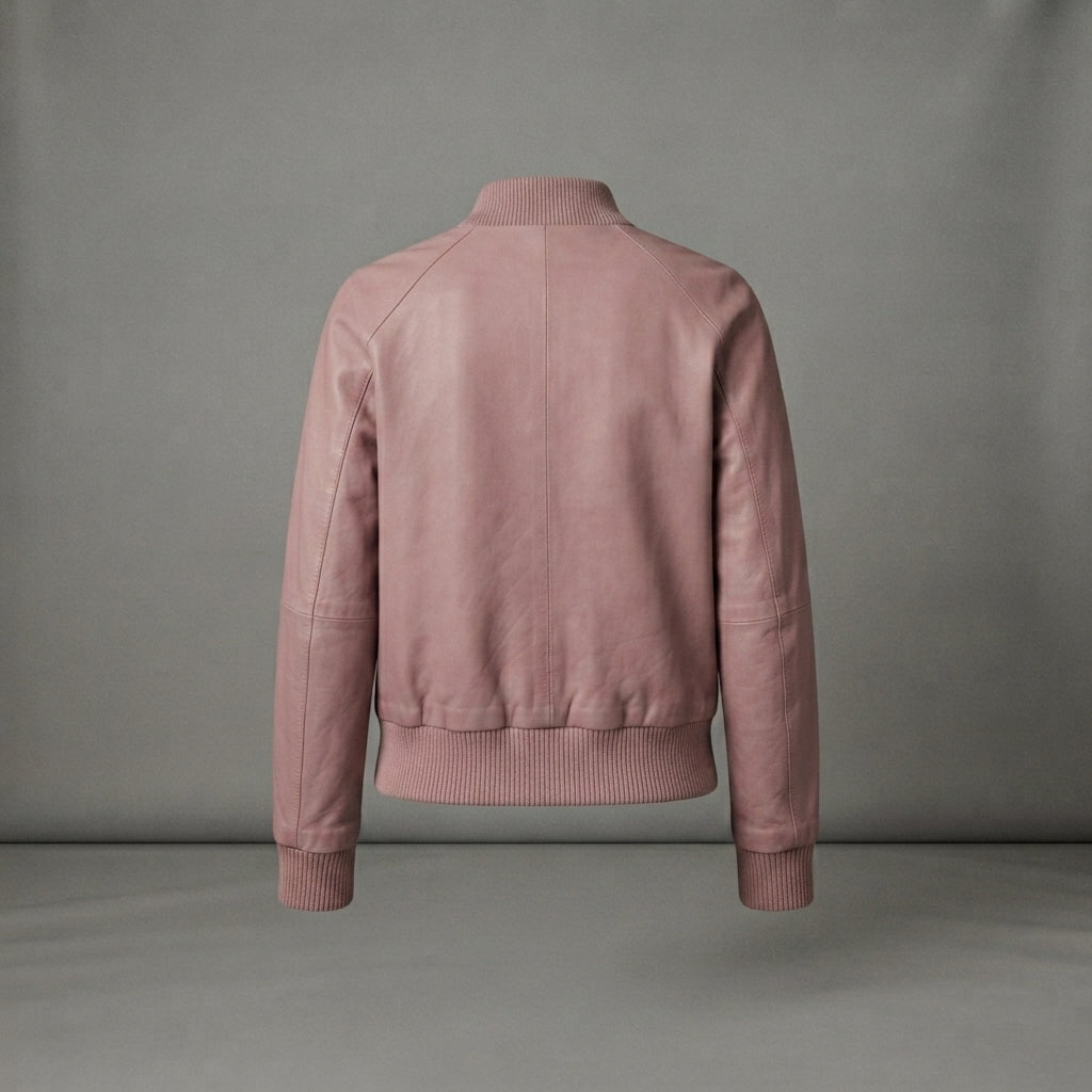 Women's Dusty Pink Ribbed Leather Bomber Jacket