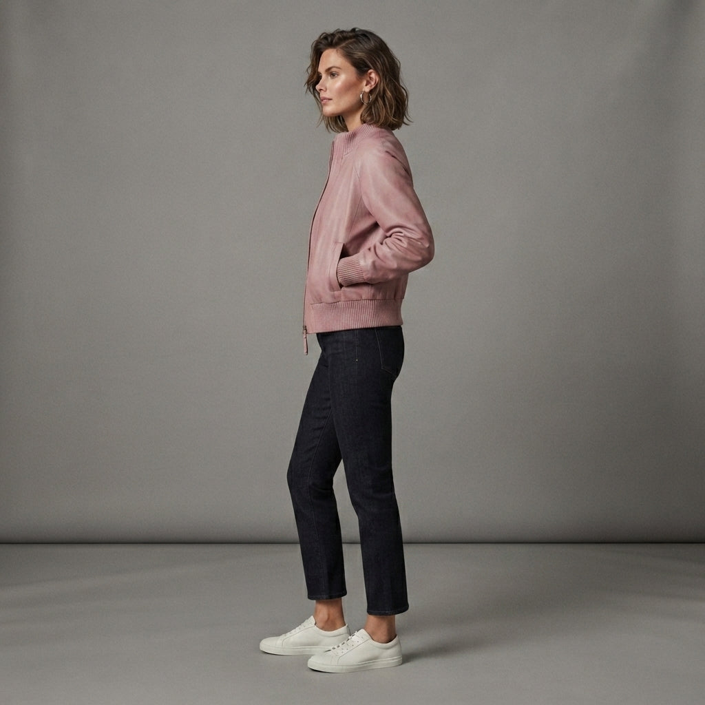 Women's Dusty Pink Ribbed Leather Bomber Jacket