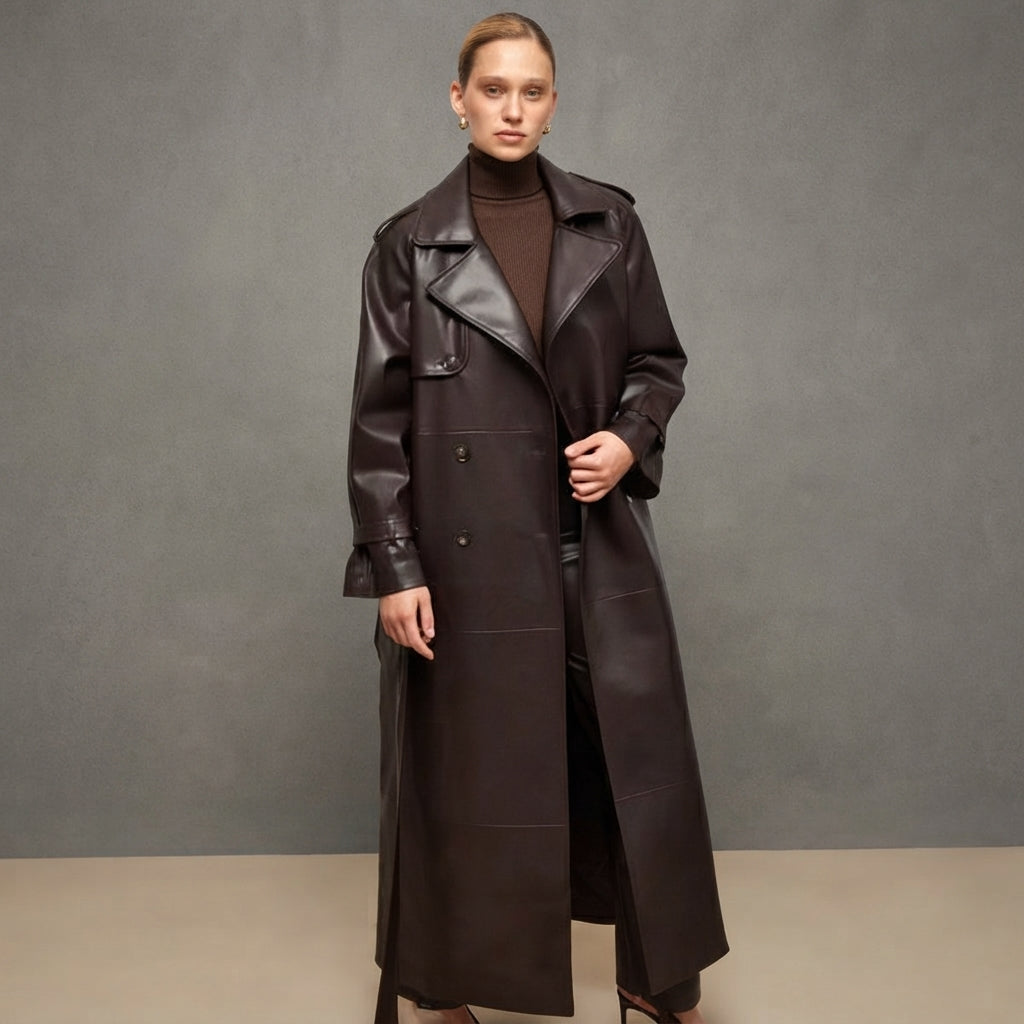 Women's Belted Genuine Leather Trench Coat