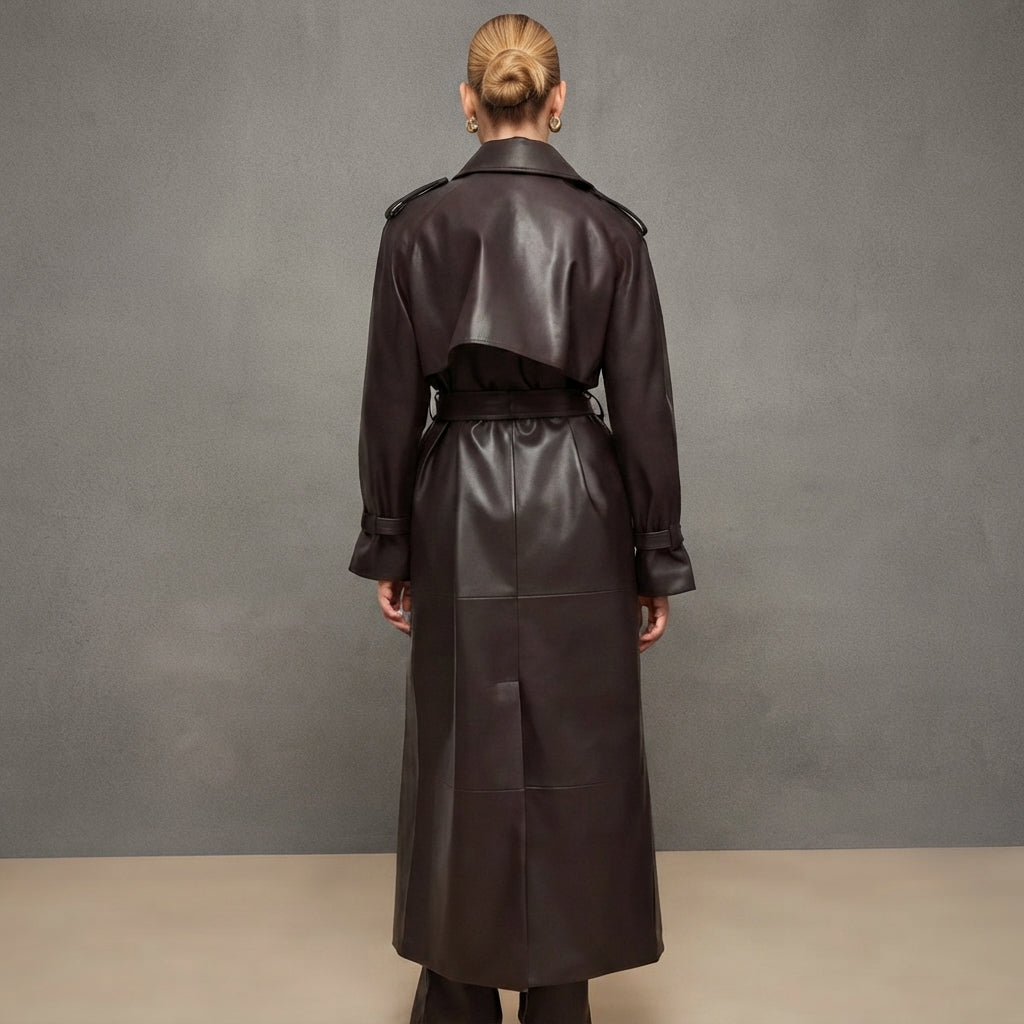Women's Belted Genuine Leather Trench Coat