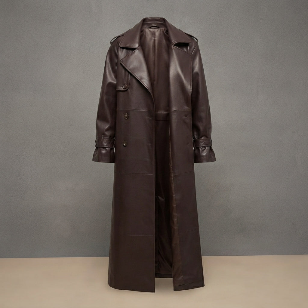 Women's Belted Genuine Leather Trench Coat