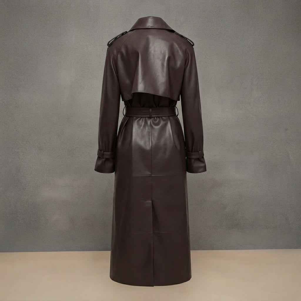 Women's Belted Genuine Leather Trench Coat