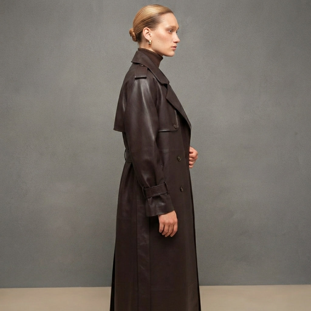 Women's Belted Genuine Leather Trench Coat