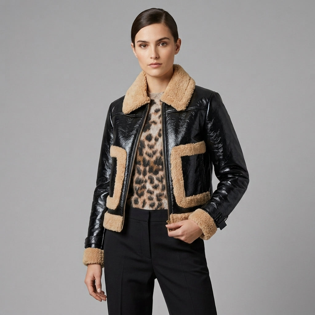 Women's Glossy Shearling Aviator Leather Jacket