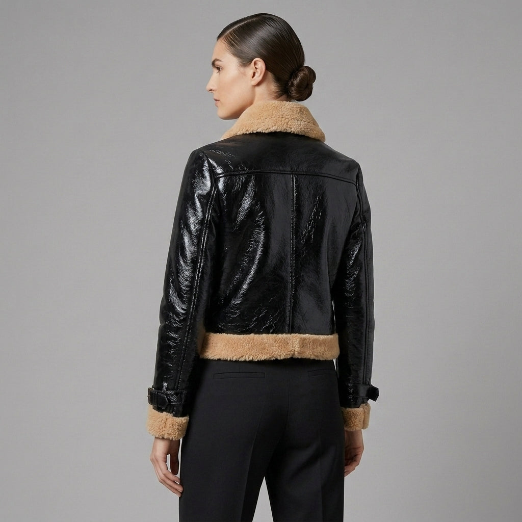 Women's Glossy Shearling Aviator Leather Jacket