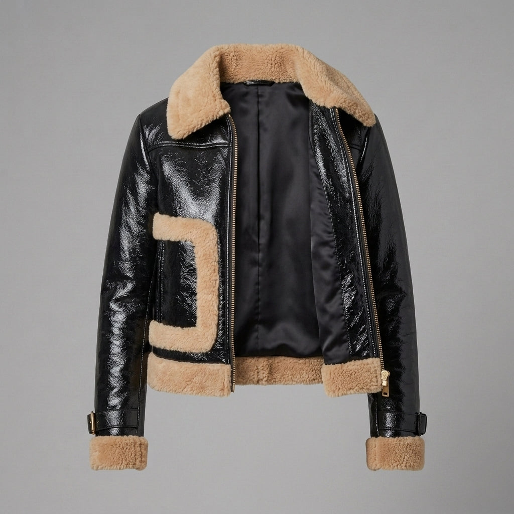 Women's Glossy Shearling Aviator Leather Jacket