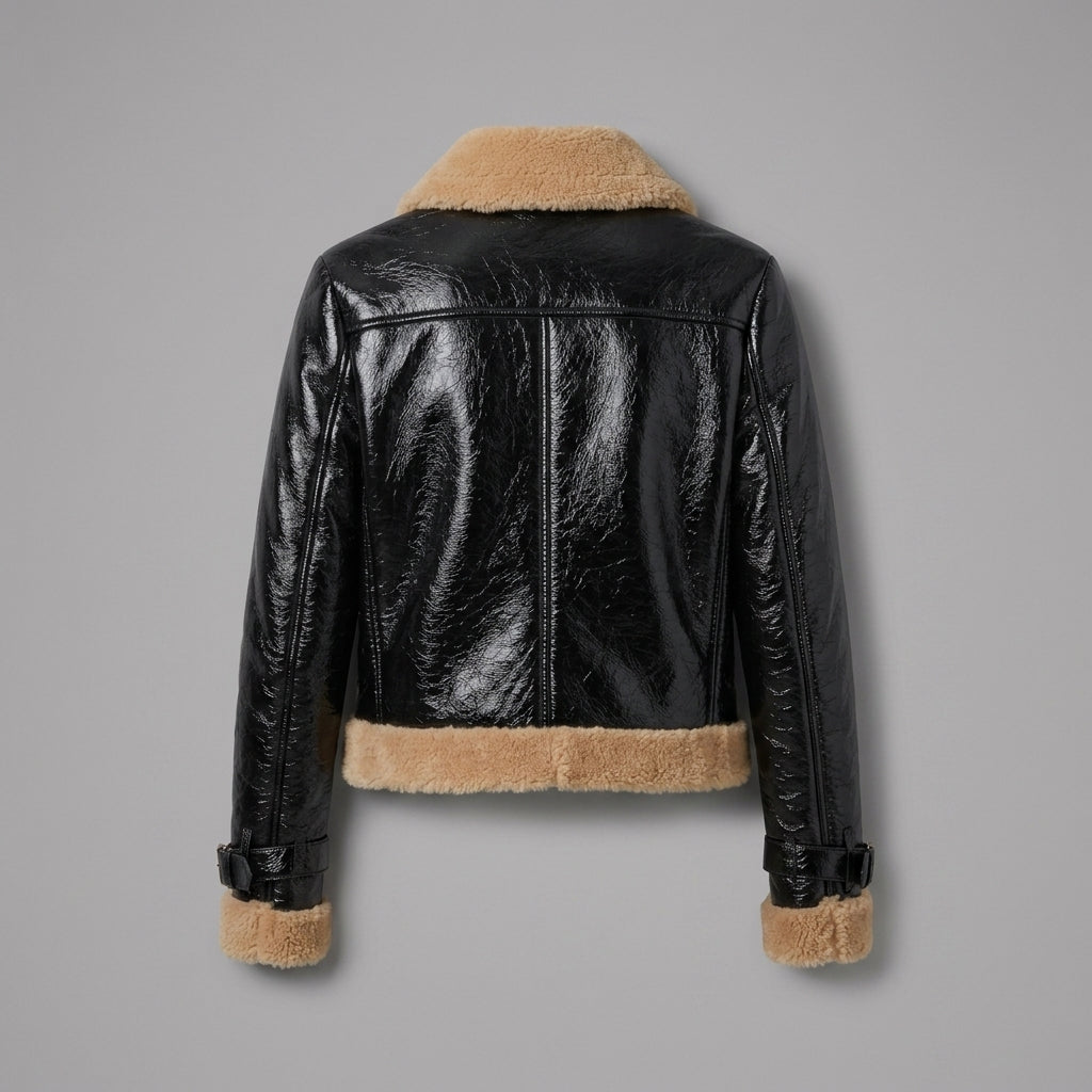 Women's Glossy Shearling Aviator Leather Jacket