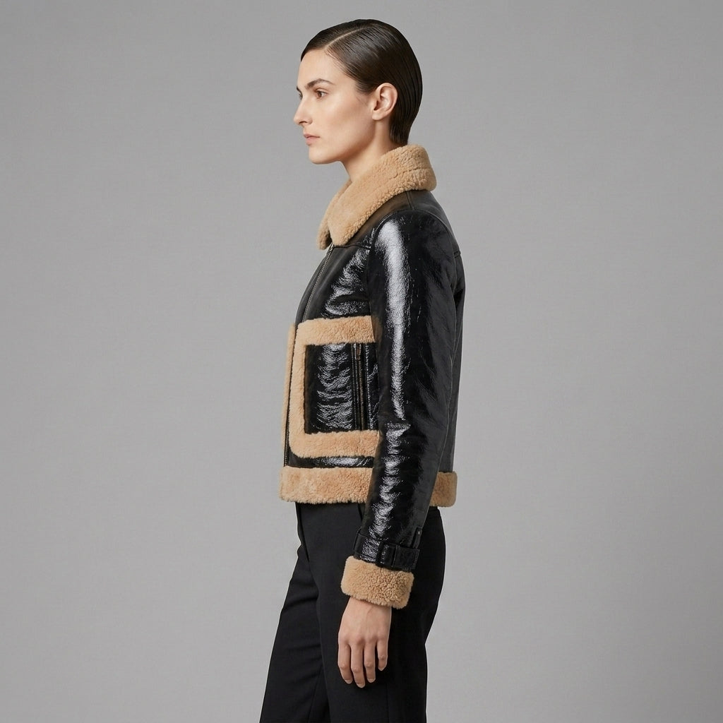 Women's Glossy Shearling Aviator Leather Jacket