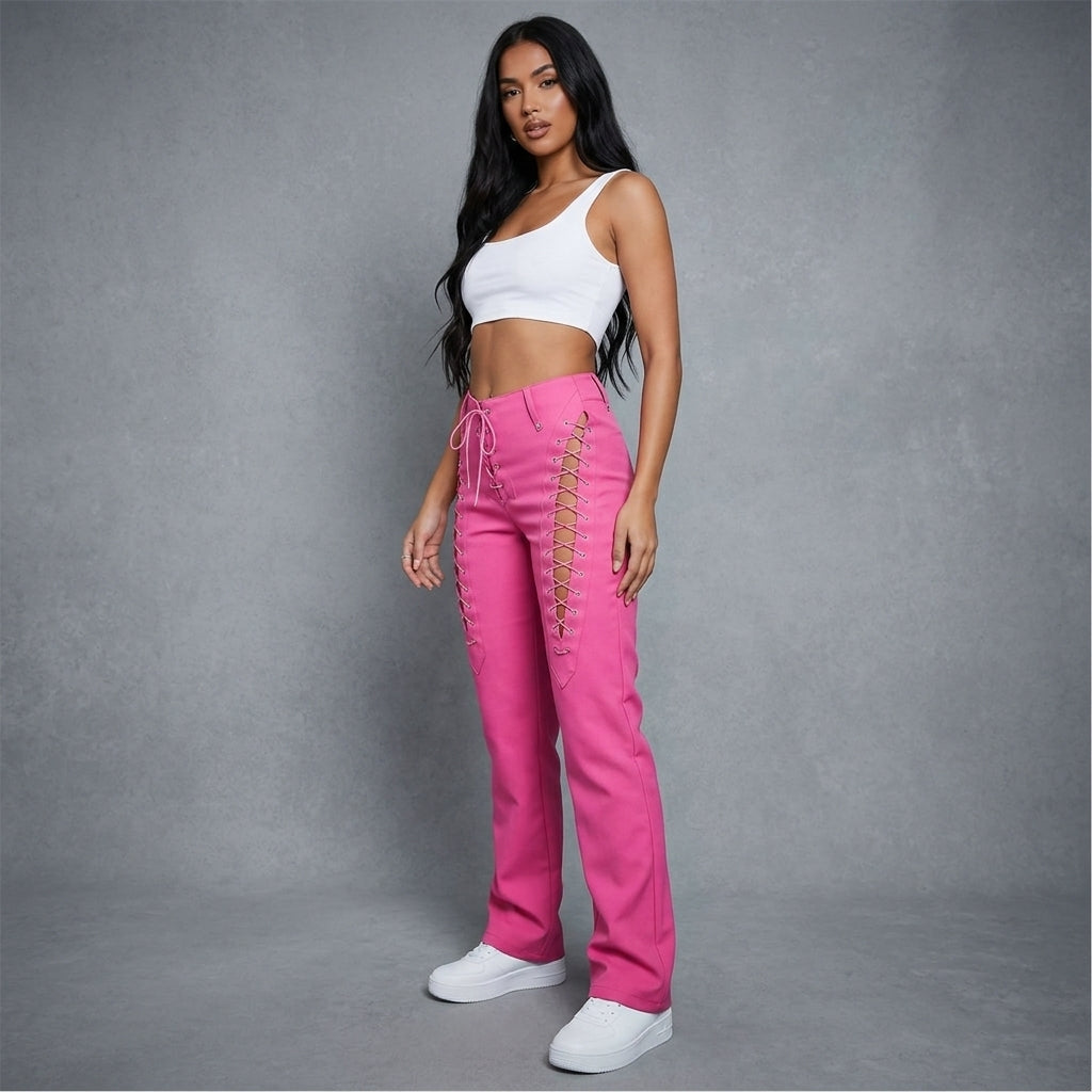 Women's Hot Pink Lace-Up Leather Pants