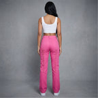 Women's Hot Pink Lace-Up Leather Pants