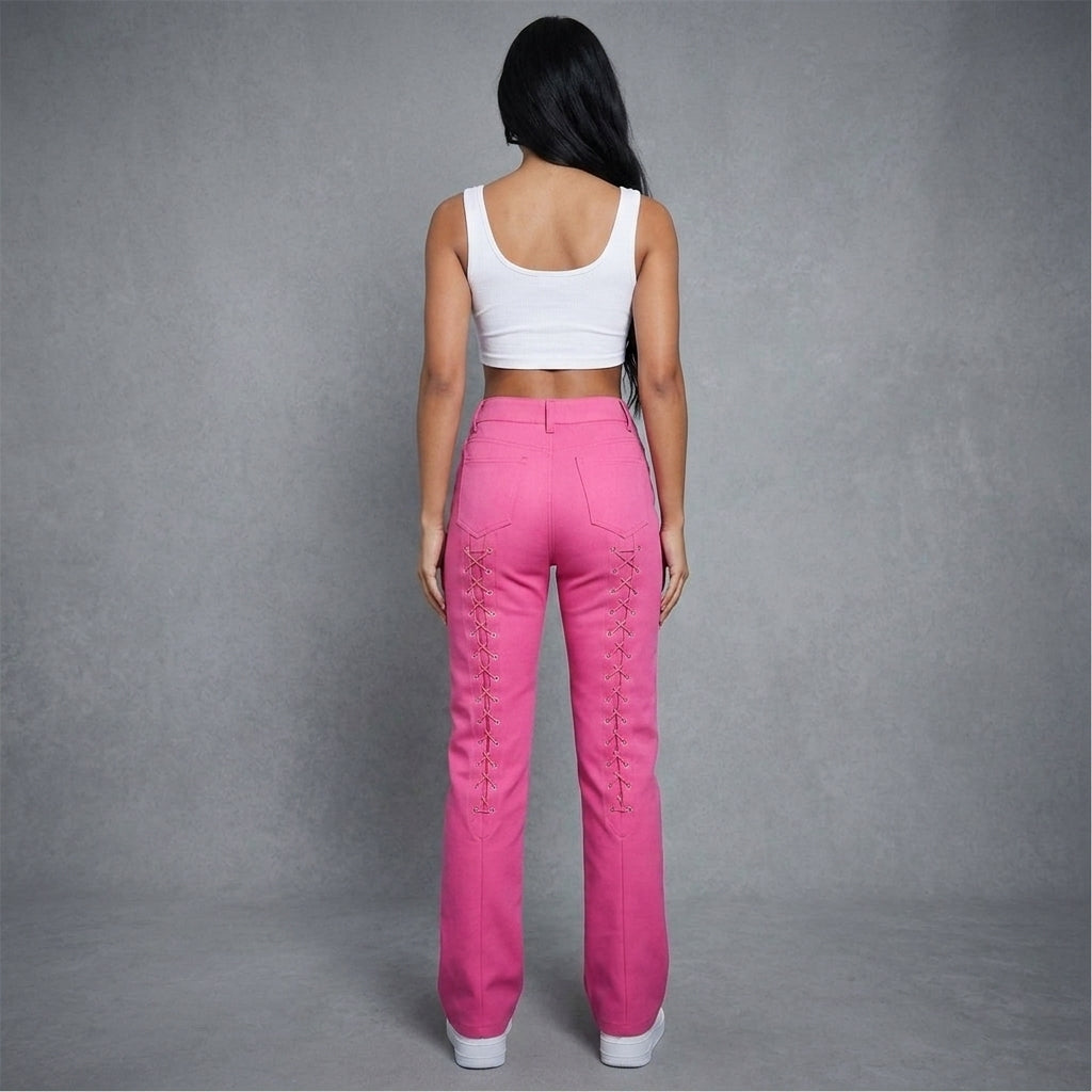 Women's Hot Pink Lace-Up Leather Pants