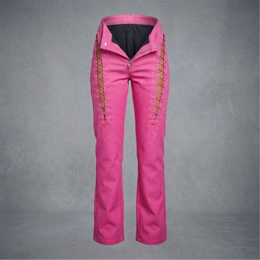 Women's Hot Pink Lace-Up Leather Pants