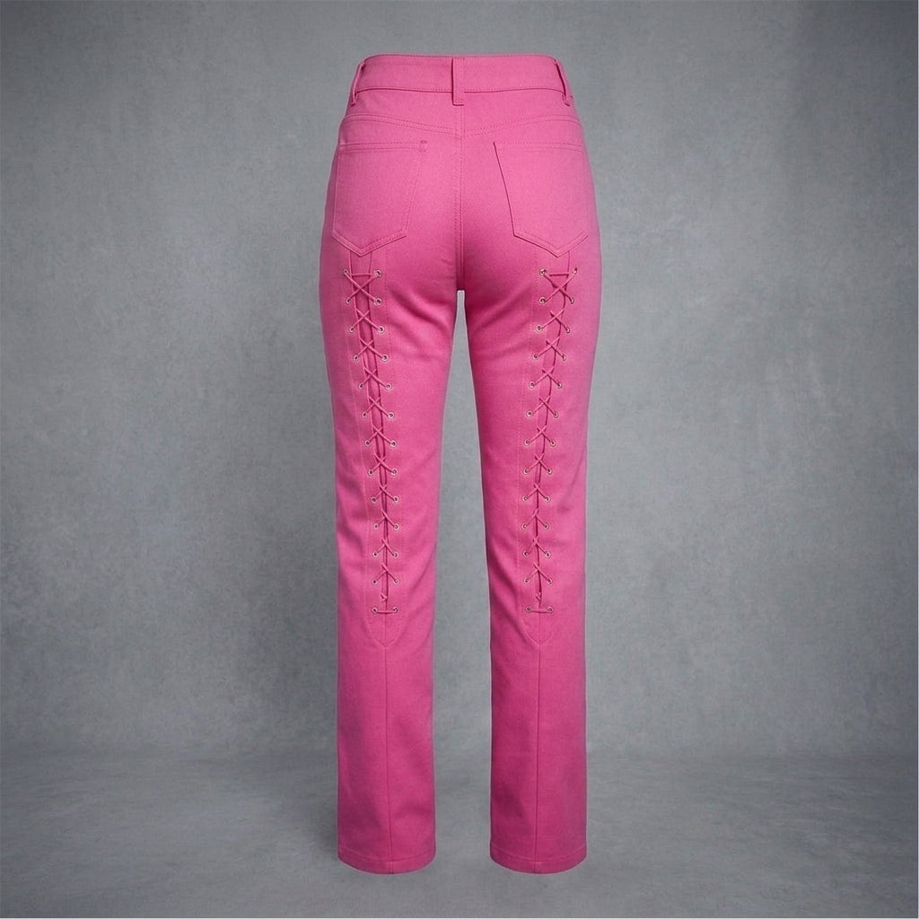 Women's Hot Pink Lace-Up Leather Pants