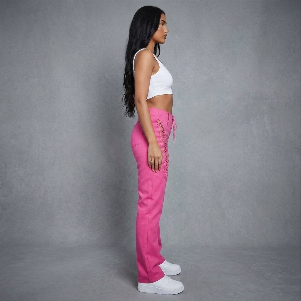 Women's Hot Pink Lace-Up Leather Pants