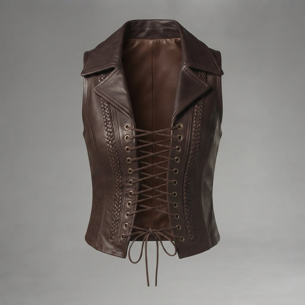 Women's Dark Brown Lace-Up Leather Vest
