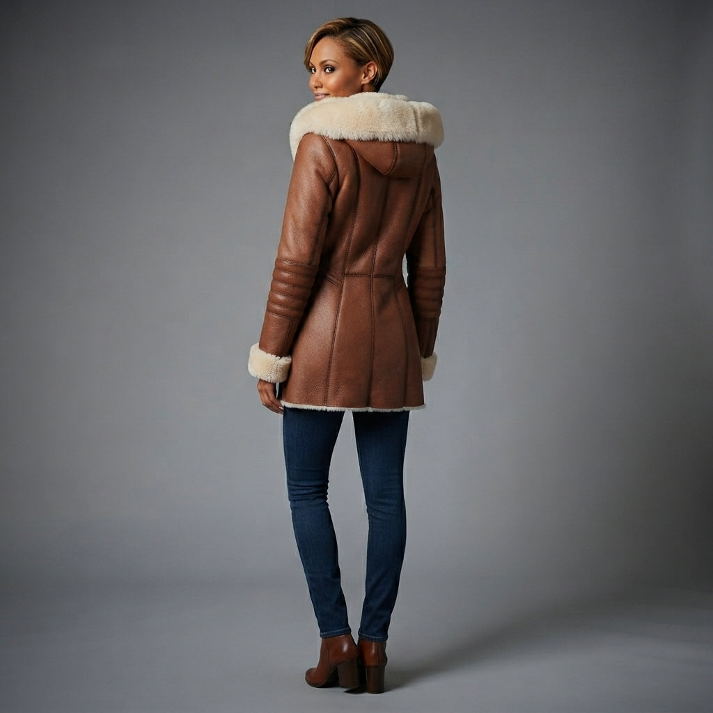 Women's Hooded Leather Coat with Shearling Lining