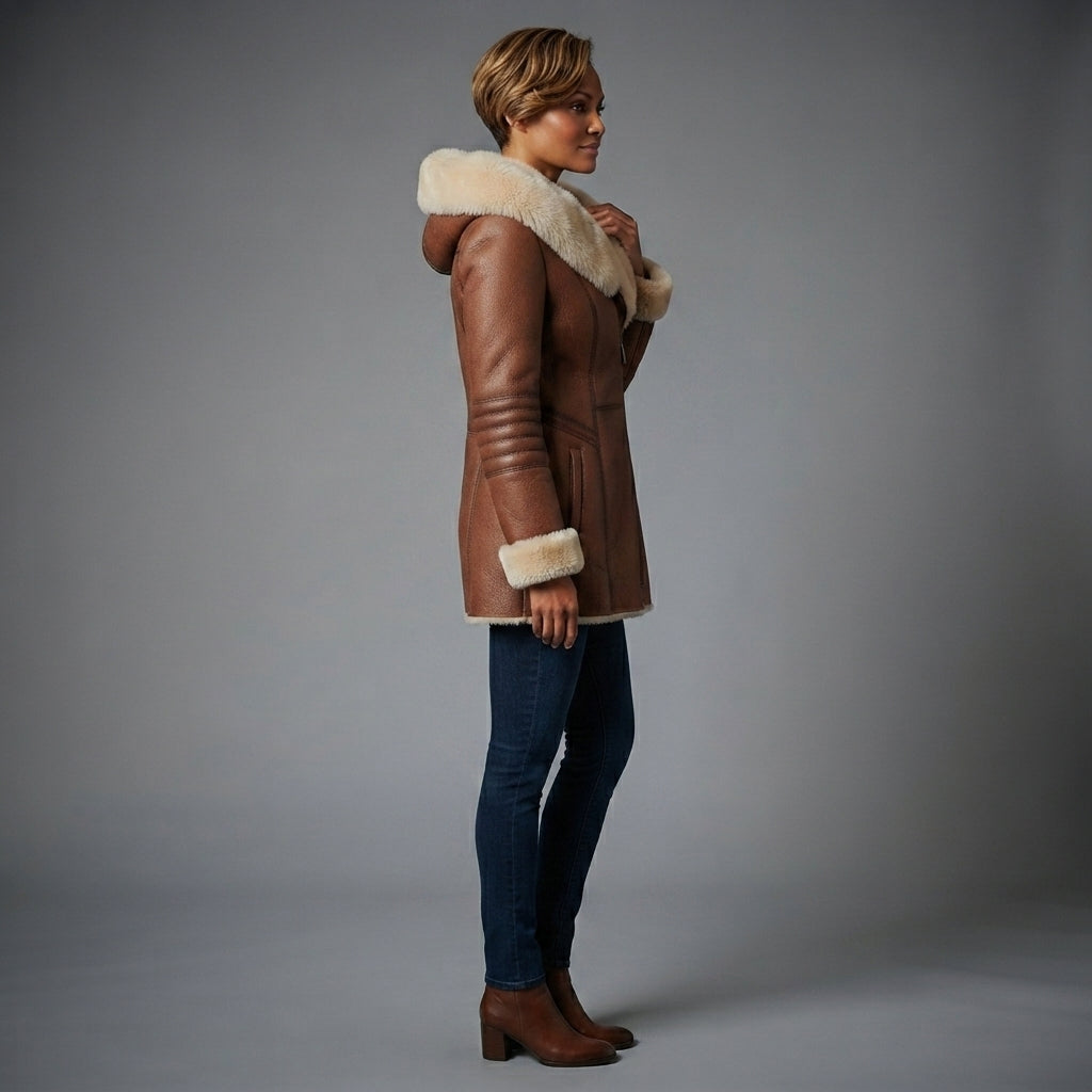 Women's Hooded Leather Coat with Shearling Lining