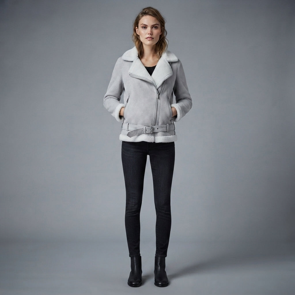 Women's Light Grey Suede Shearling Biker Jacket