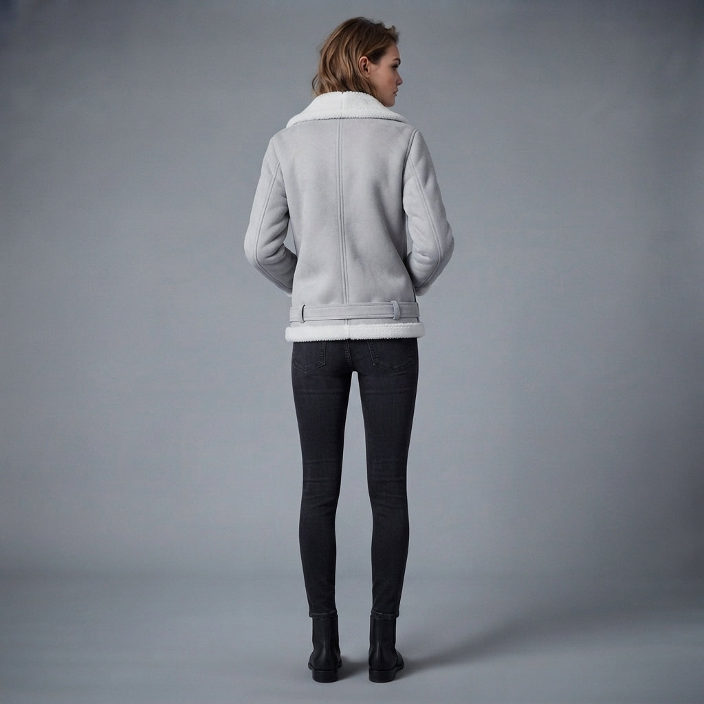 Women's Light Grey Suede Shearling Biker Jacket