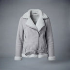 Women's Light Grey Suede Shearling Biker Jacket