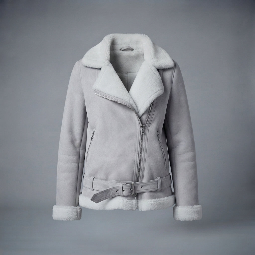 Women's Light Grey Suede Shearling Biker Jacket