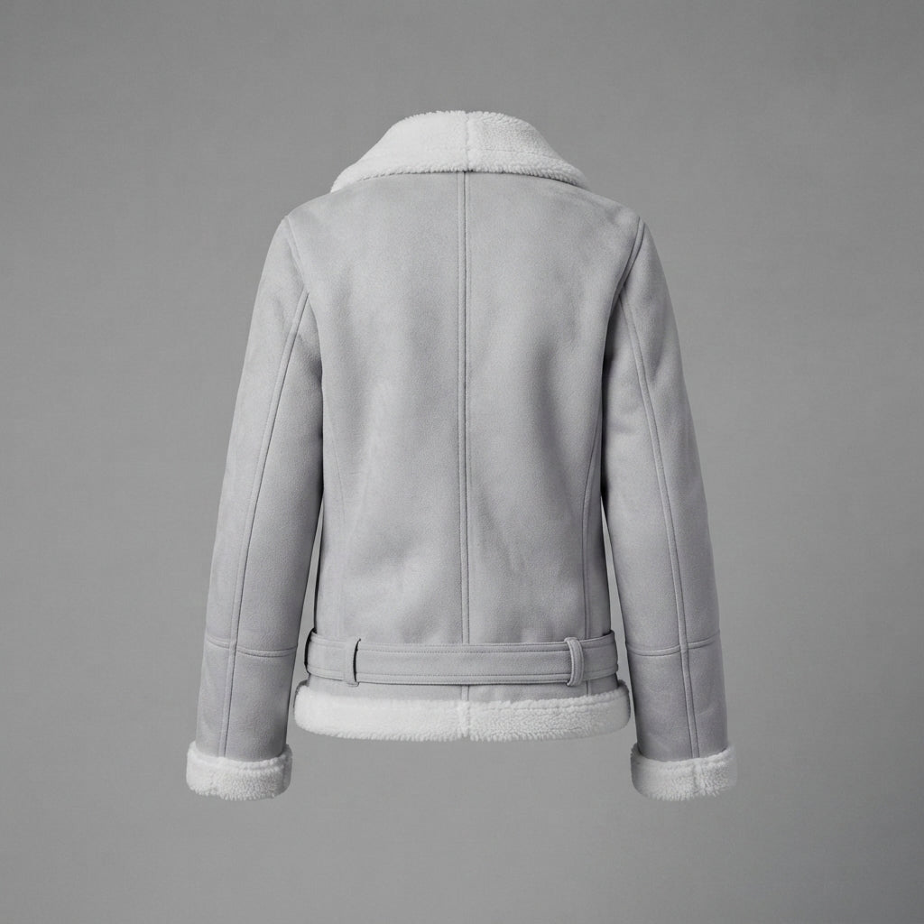 Women's Light Grey Suede Shearling Biker Jacket