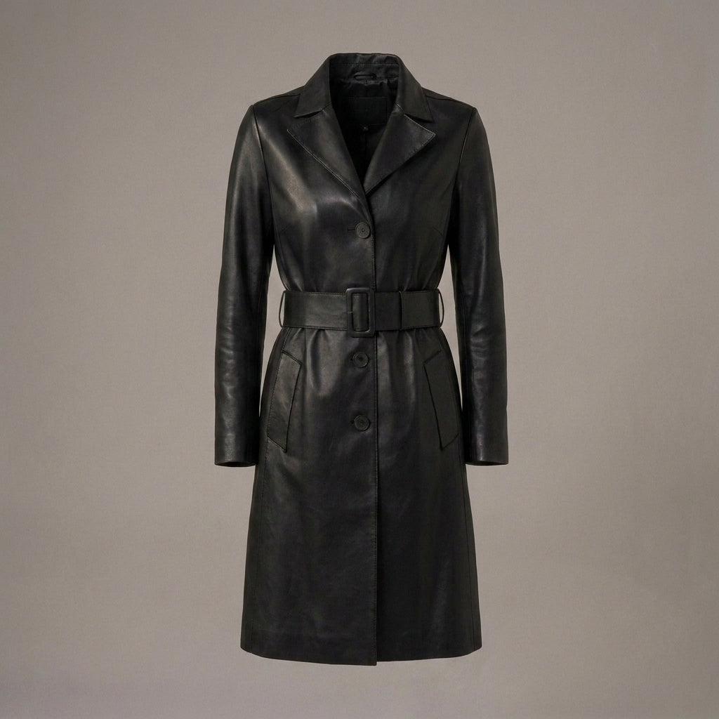 Women's Black Leather Trench Coat