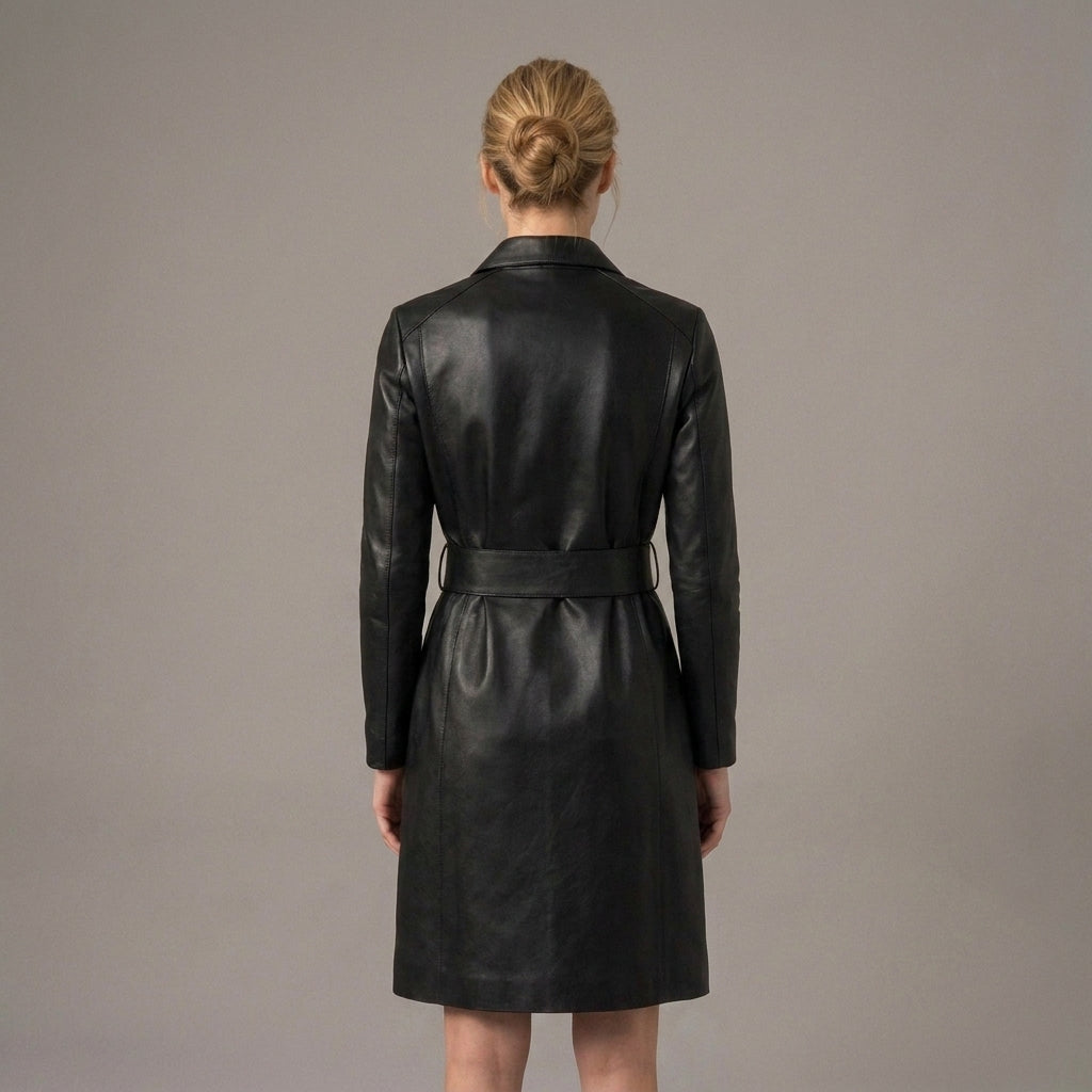 Women's Black Leather Trench Coat