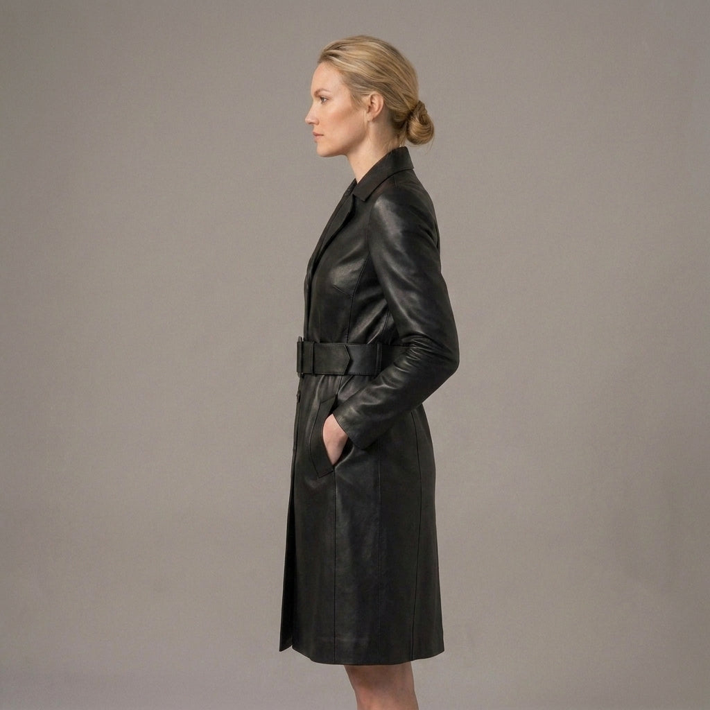 Women's Black Leather Trench Coat