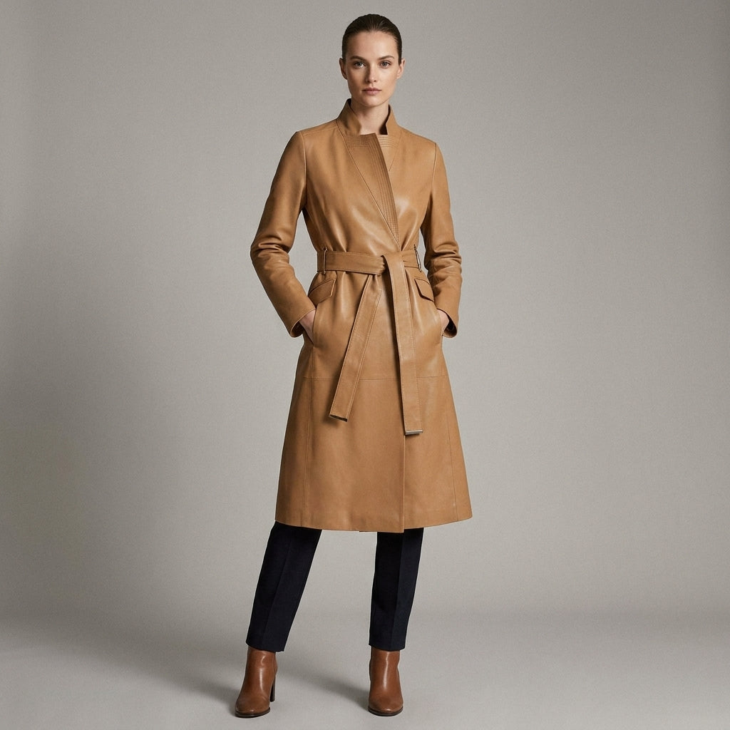 Women's Camel Leather Long Coat