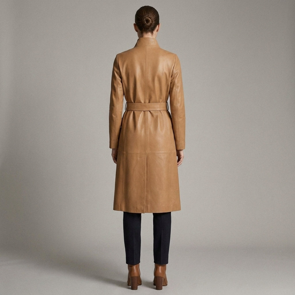 Women's Camel Leather Long Coat
