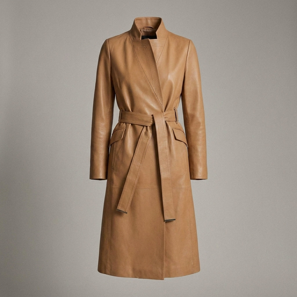 Women's Camel Leather Long Coat