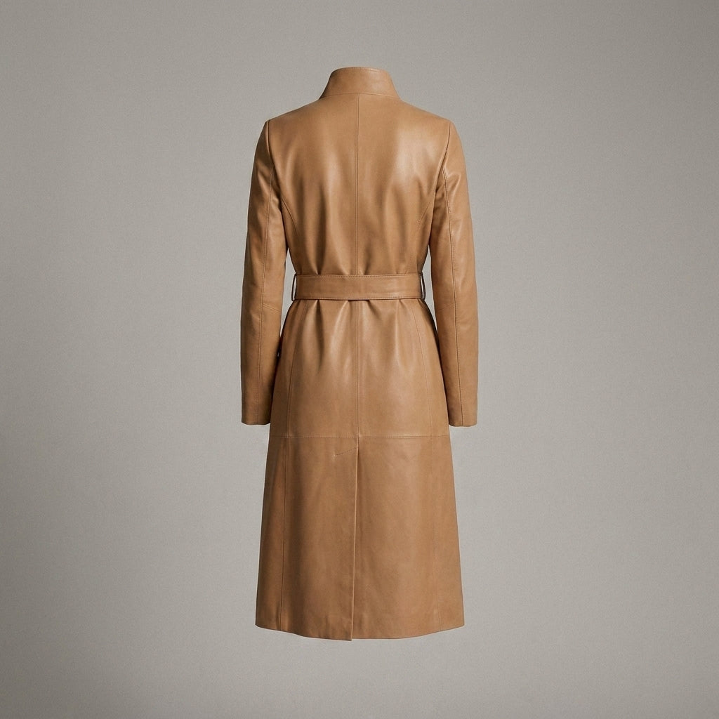 Women's Camel Leather Long Coat