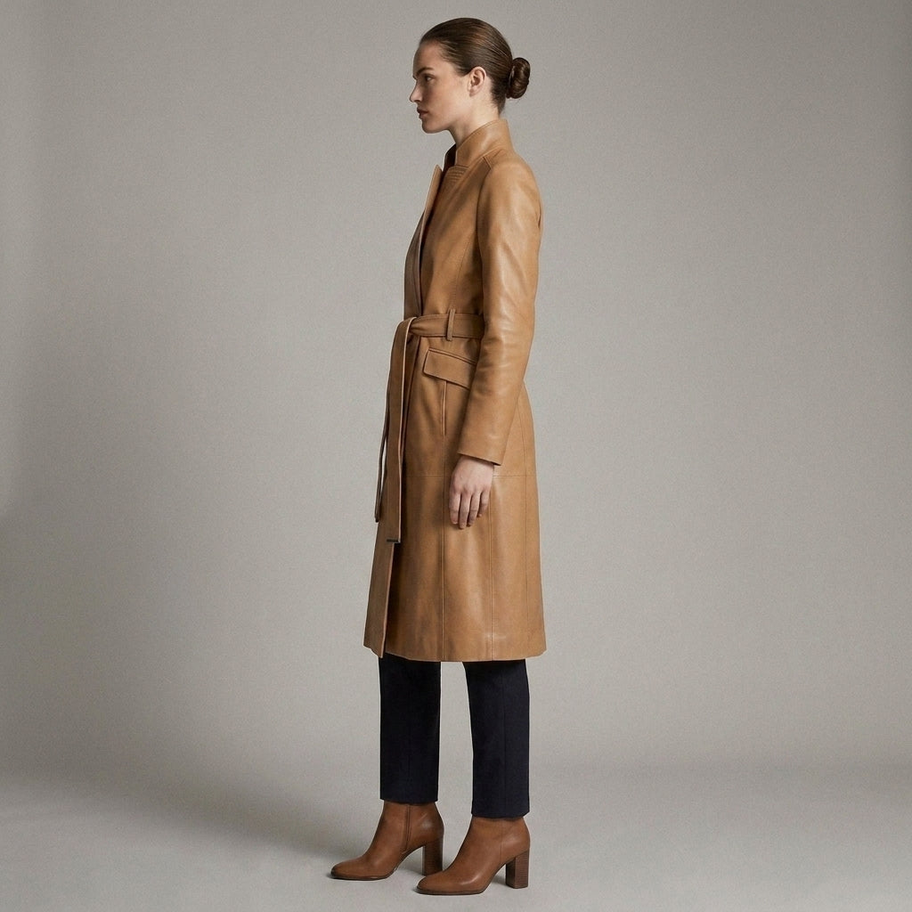Women's Camel Leather Long Coat
