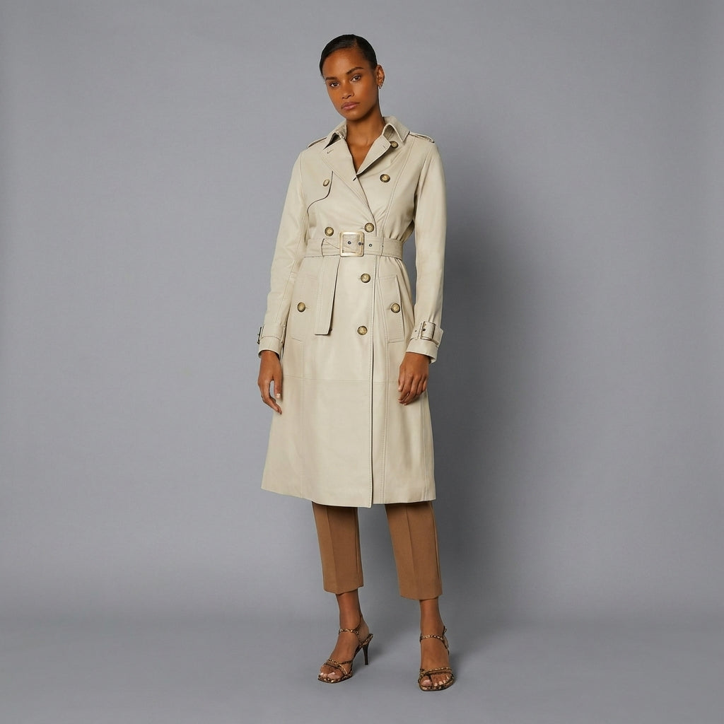 Women's Cream Leather Trench Coat